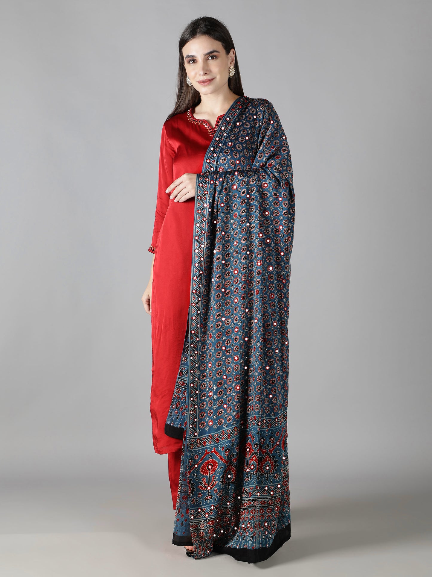 Prussian Blue Star Ajrakh Dupatta