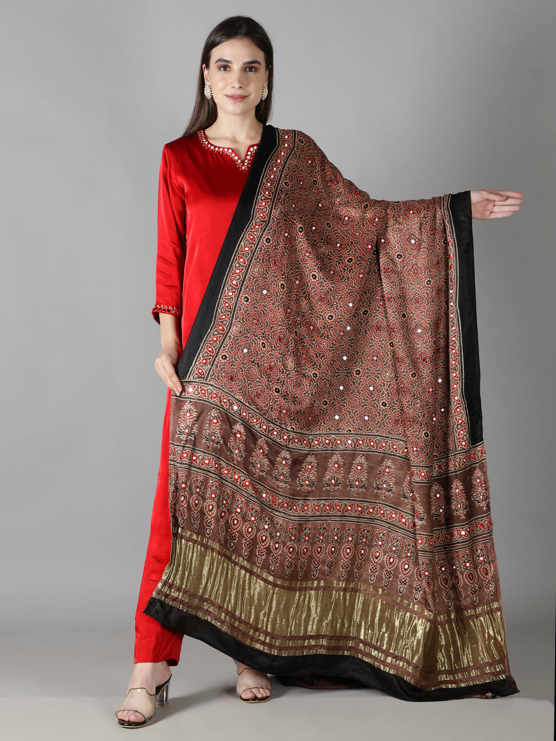 Sandstone Brown With rust Orange Accent, Zari pallu Ajrakh Dupatta