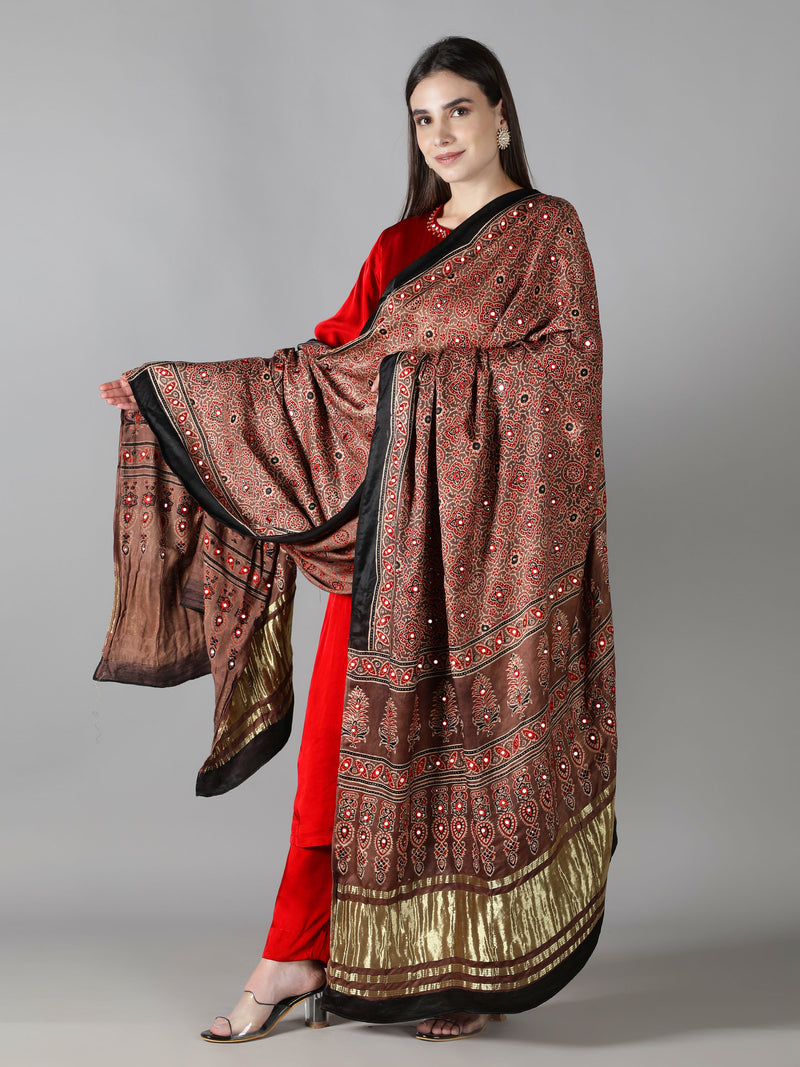 Sandstone Brown With rust Orange Accent, Zari pallu Ajrakh Dupatta