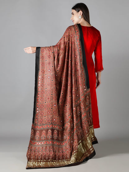 Sandstone Brown With rust Orange Accent, Zari pallu Ajrakh Dupatta