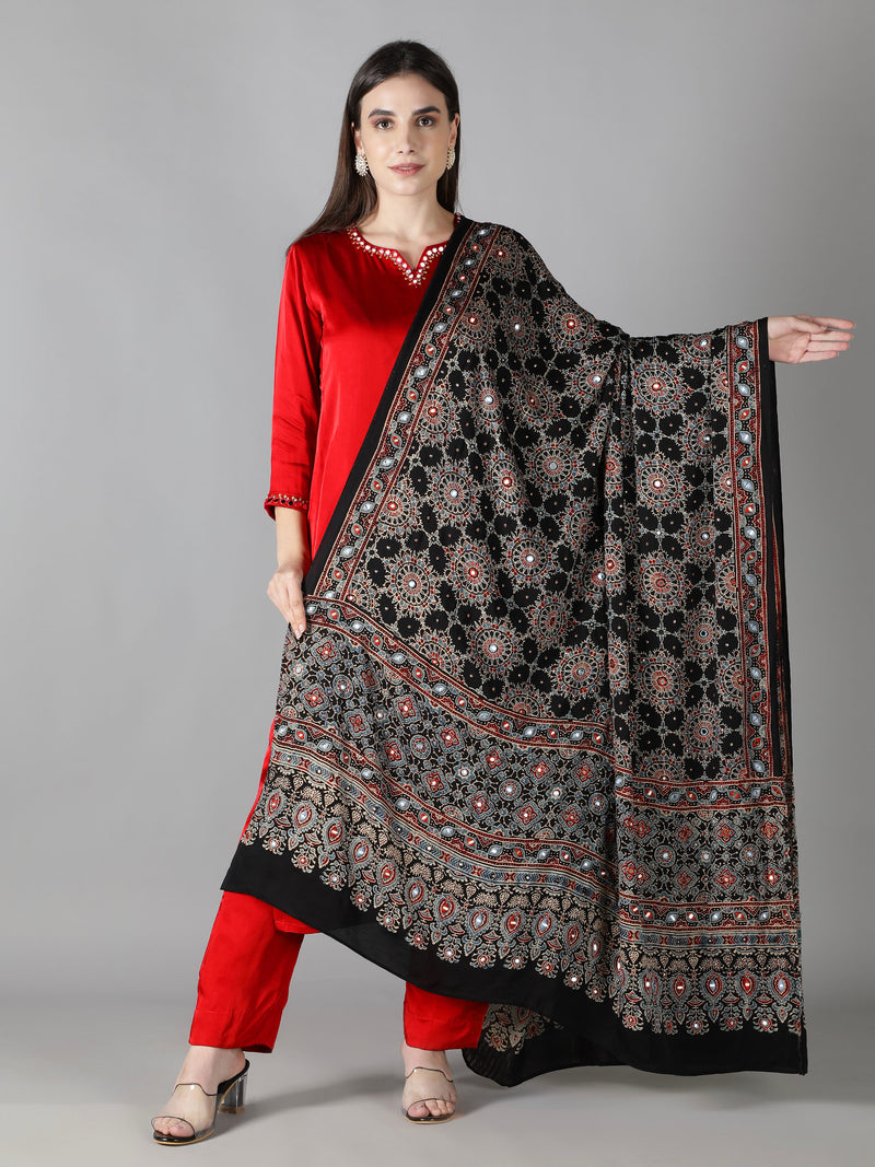 Midnight Black With Multi Hued Accents Ajrakh Dupatta