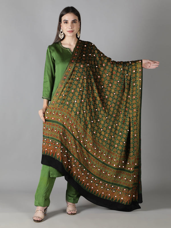 Leaf Green With Maroon Accents Ajrakh Dupatta