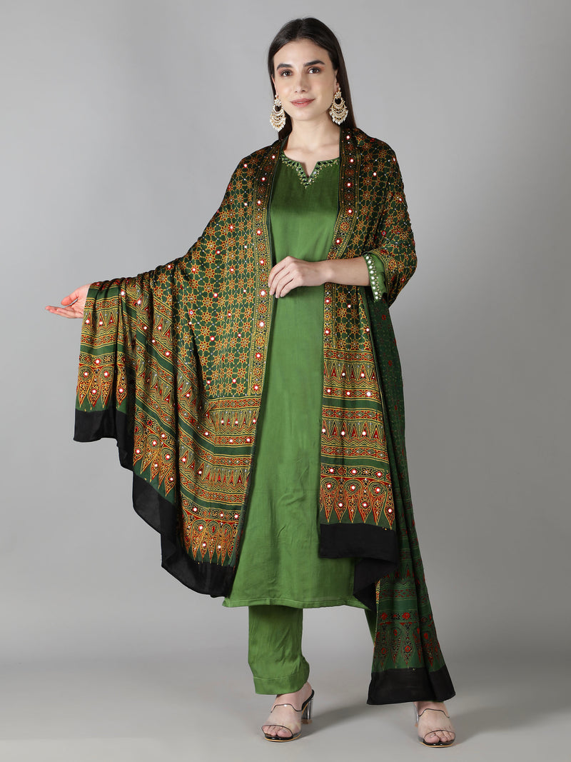 Leaf Green With Maroon Accents Ajrakh Dupatta