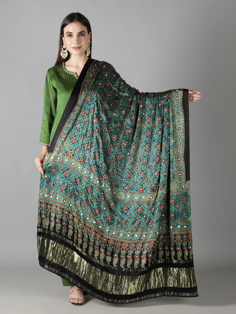 Peacock Green Maroon Ajrakh With Zari Pallu Dupatta