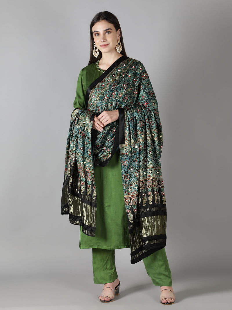 Peacock Green Maroon Ajrakh With Zari Pallu Dupatta