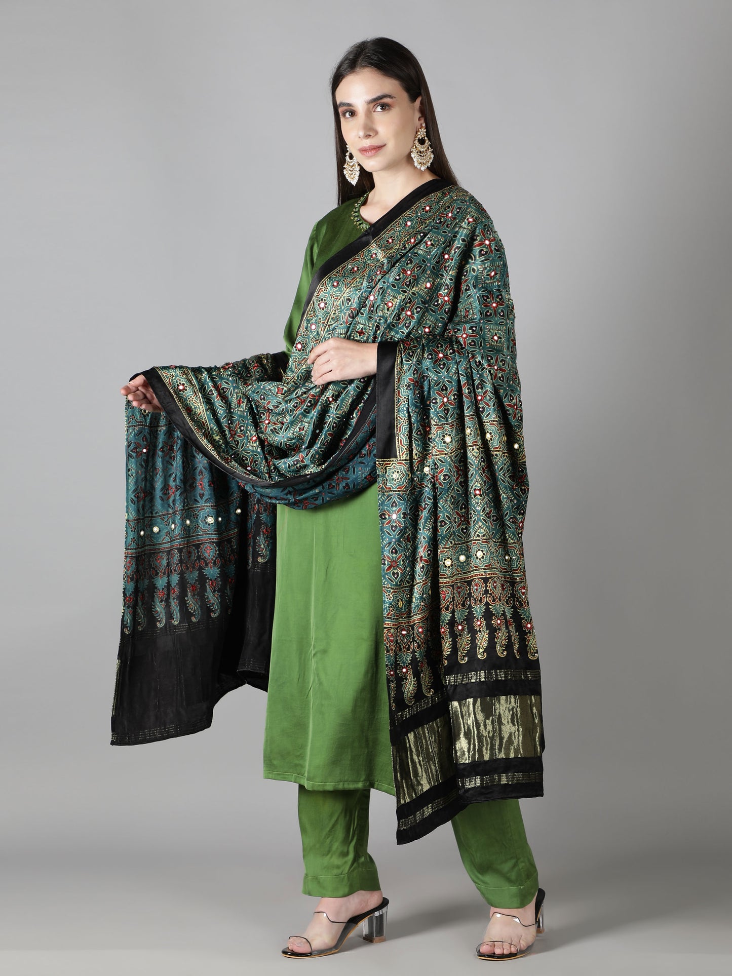 Peacock Green Maroon Ajrakh With Zari Pallu Dupatta