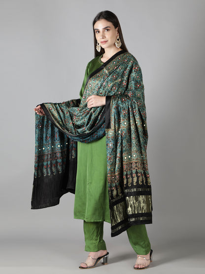 Peacock Green Maroon Ajrakh With Zari Pallu Dupatta
