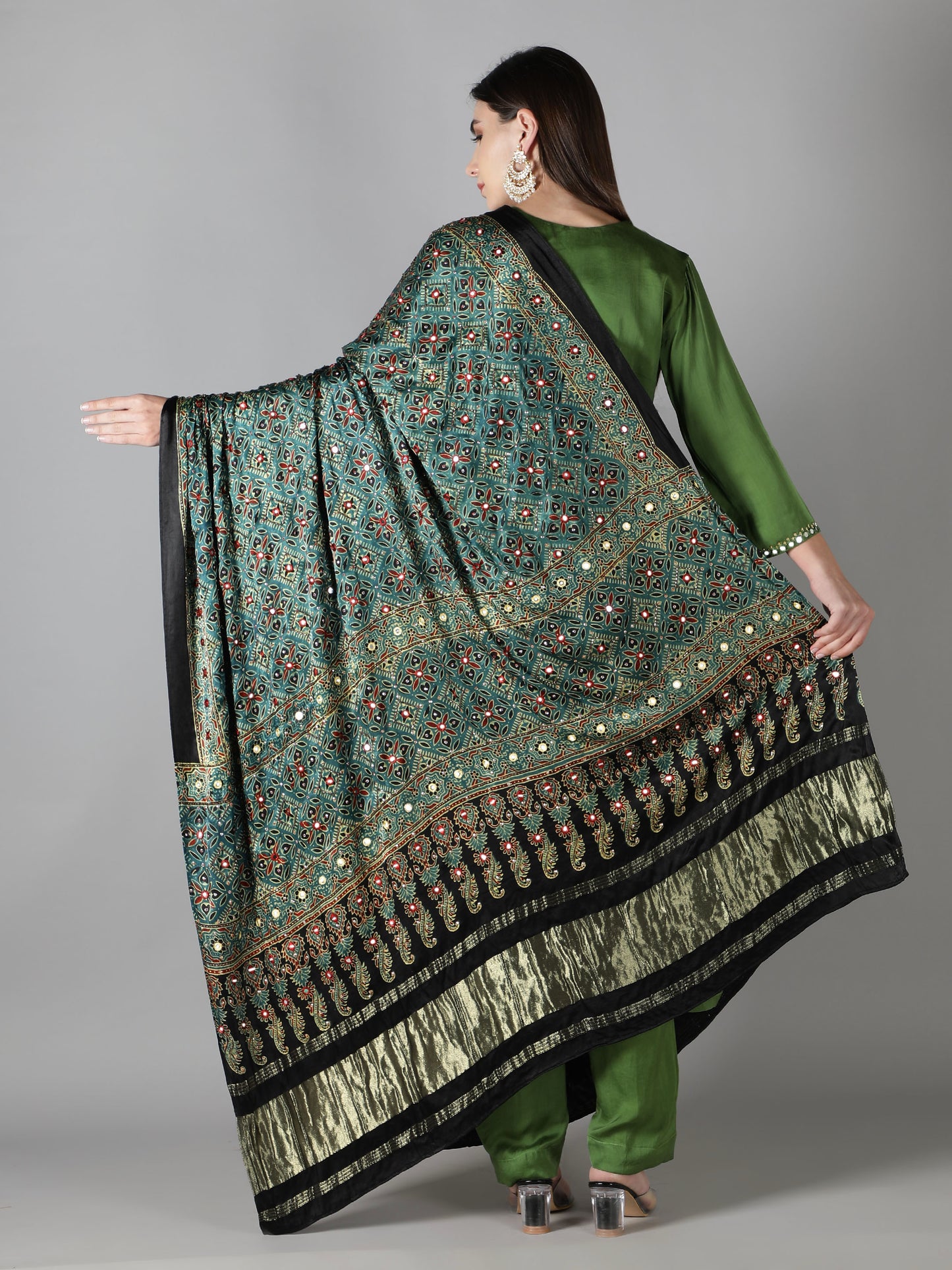 Peacock Green Maroon Ajrakh With Zari Pallu Dupatta