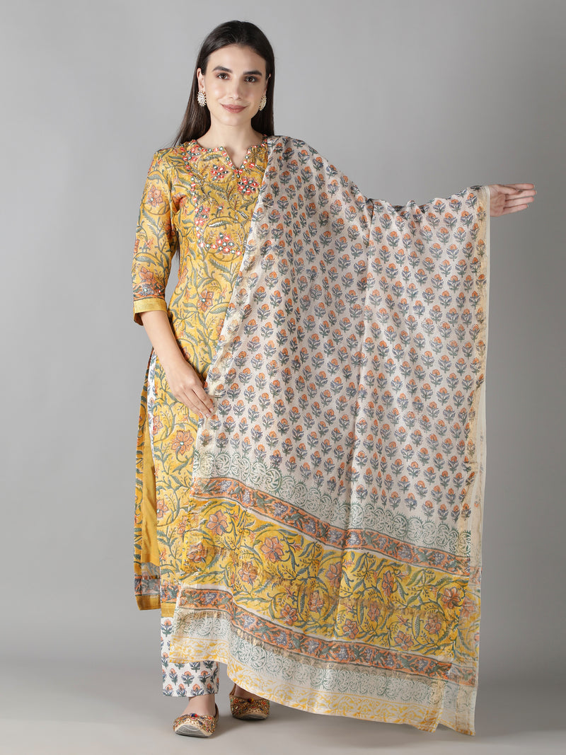 Corn Yellow Kurta With Ivory Floral Pants And Dupatta