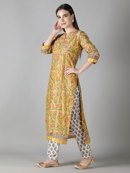Corn Yellow Kurta With Ivory Floral Pants And Dupatta