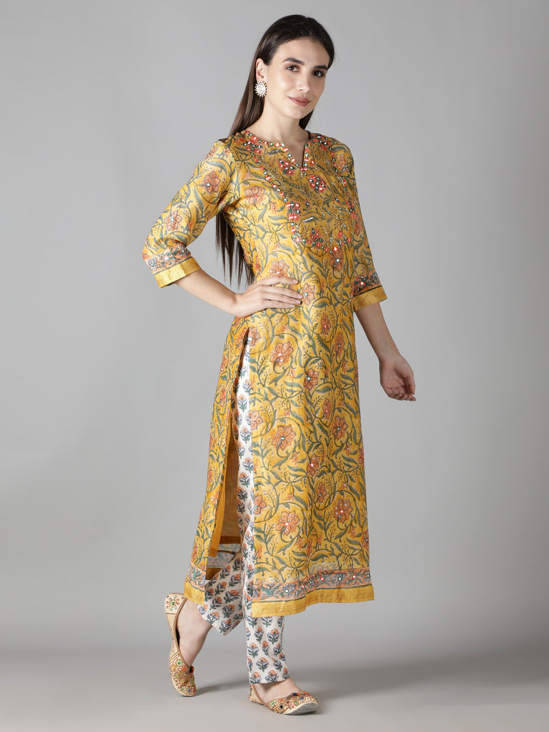 Corn Yellow Kurta With Ivory Floral Pants And Dupatta