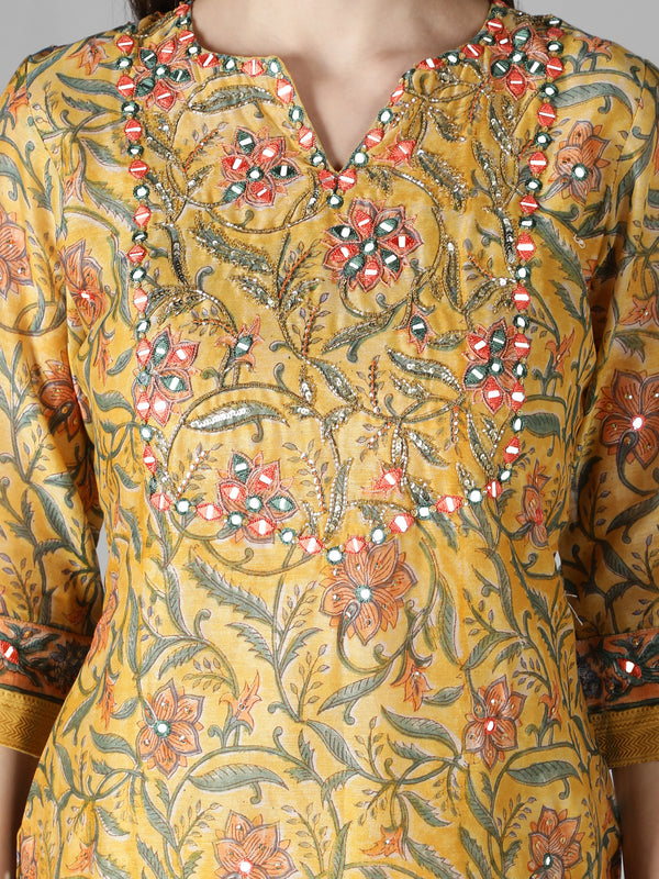 Corn Yellow Kurta With Ivory Floral Pants And Dupatta