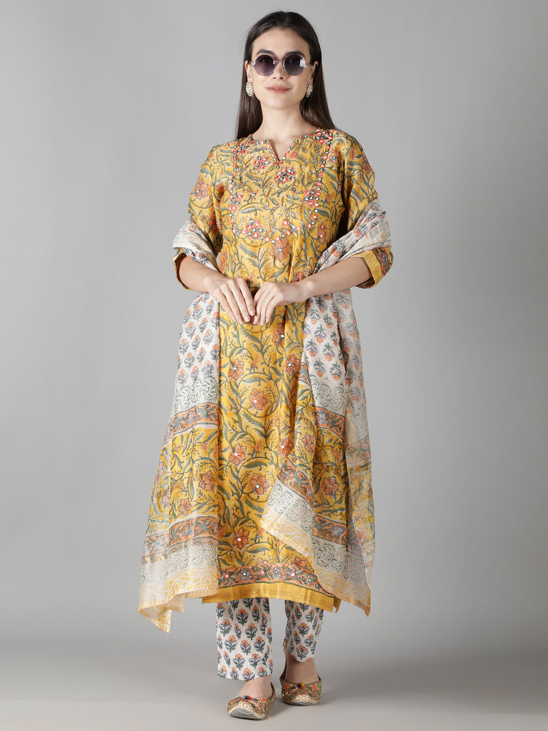 Corn Yellow Kurta With Ivory Floral Pants And Dupatta