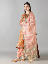 Dusty Peach Kurta With Multi Hued Floral Pants And Dupatta