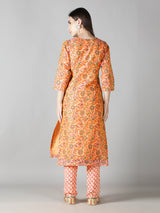 Dusty Peach Kurta With Multi Hued Floral Pants And Dupatta