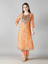 Dusty Peach Kurta With Multi Hued Floral Pants And Dupatta