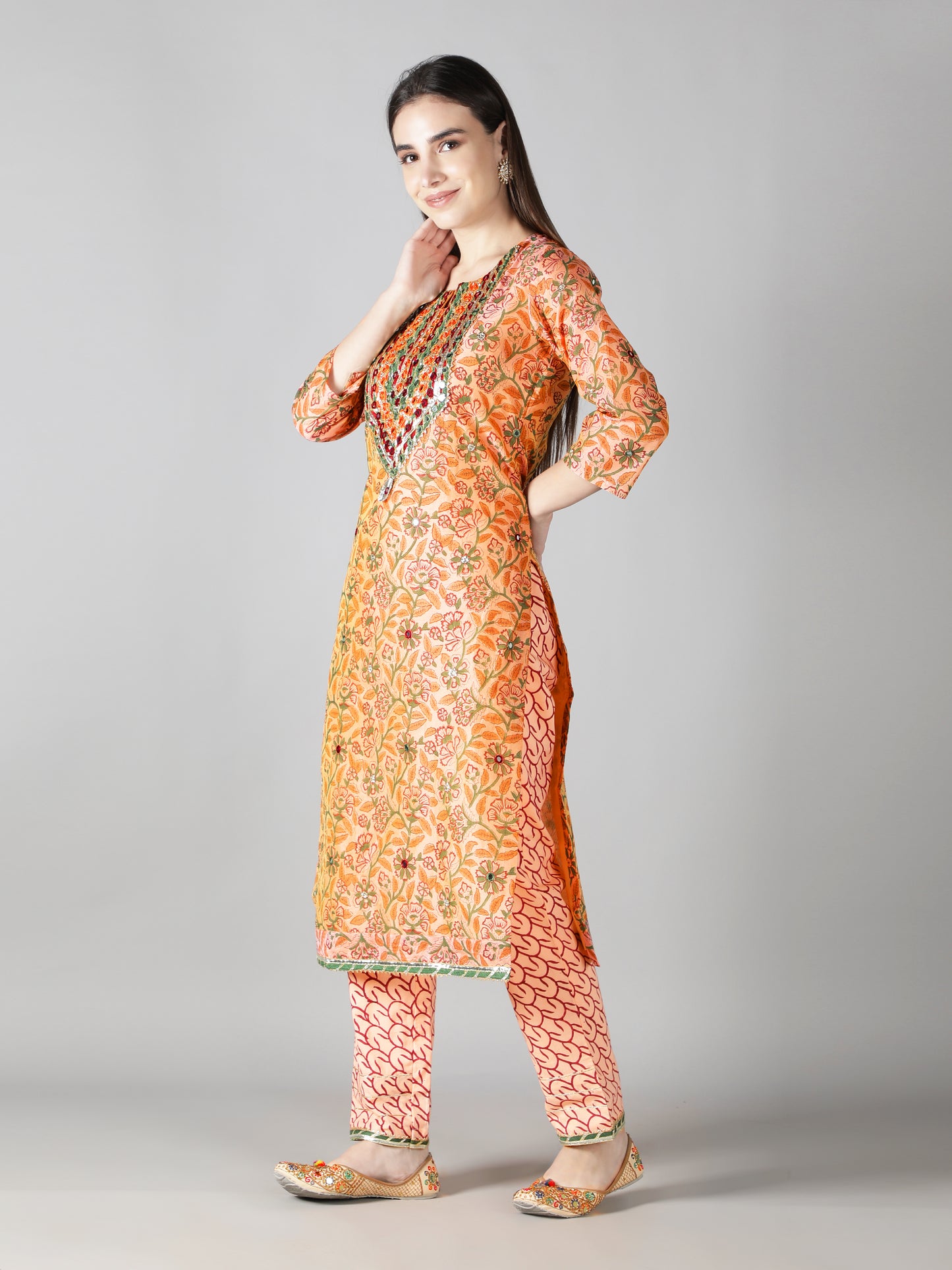 Dusty Peach Kurta With Multi Hued Floral Pants And Dupatta