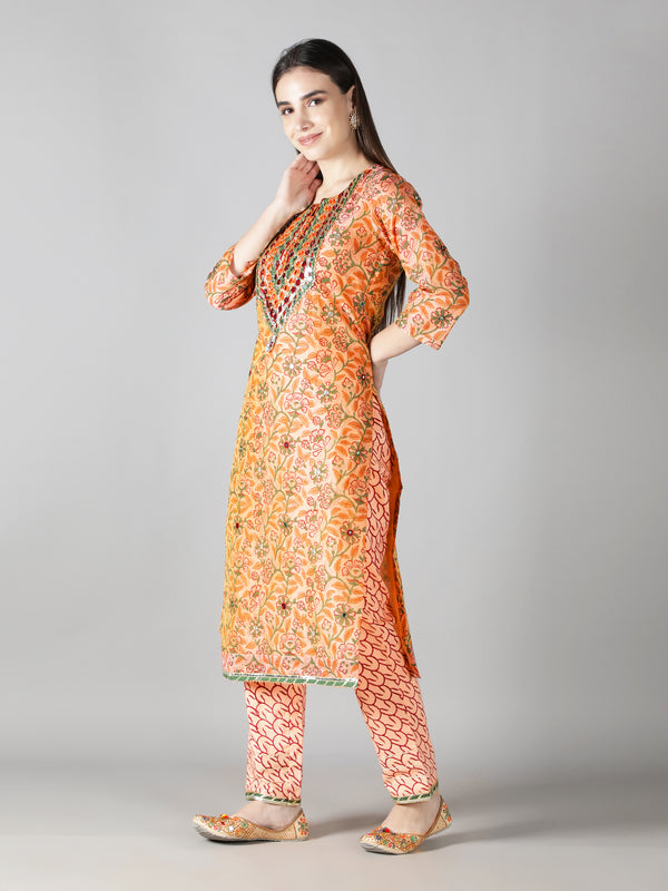 Dusty Peach Kurta With Multi Hued Floral Pants And Dupatta