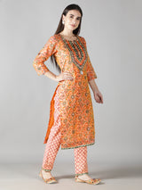 Dusty Peach Kurta With Multi Hued Floral Pants And Dupatta