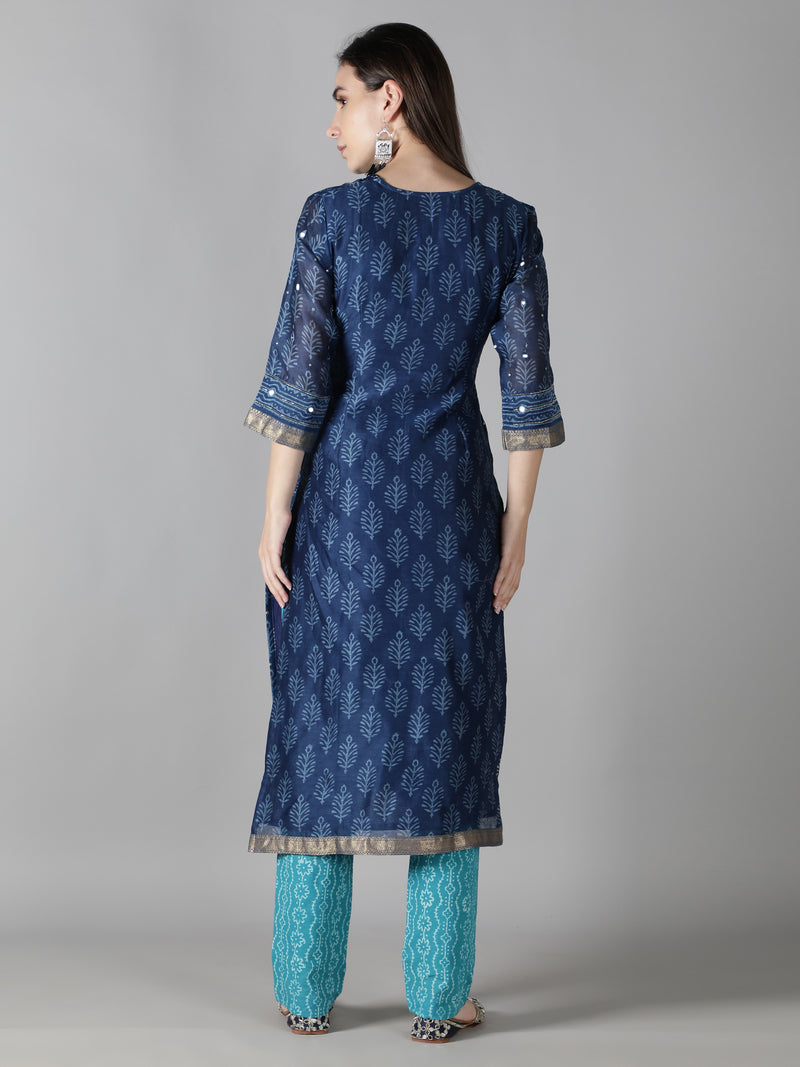 Sapphire Blue Kurta With Turquoise Blue Pants And Dupatta