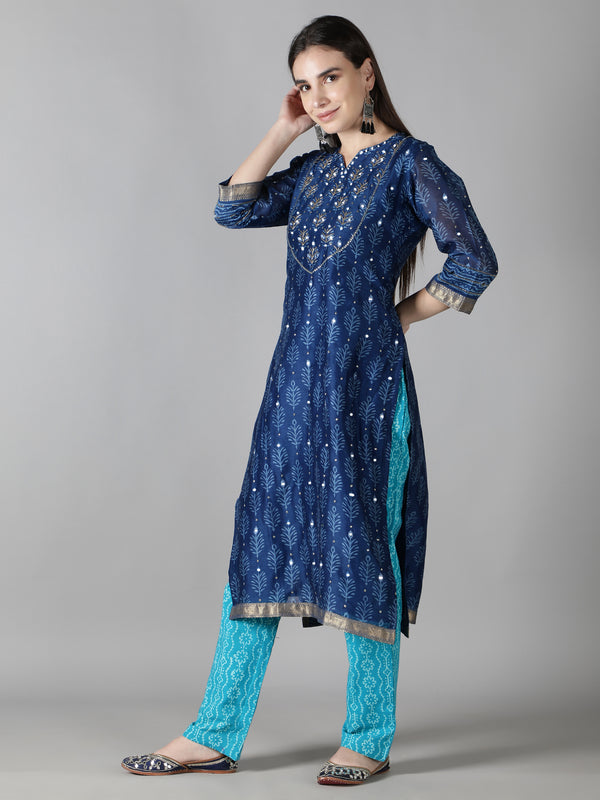 Sapphire Blue Kurta With Turquoise Blue Pants And Dupatta