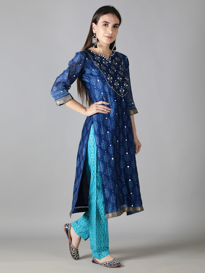 Sapphire Blue Kurta With Turquoise Blue Pants And Dupatta