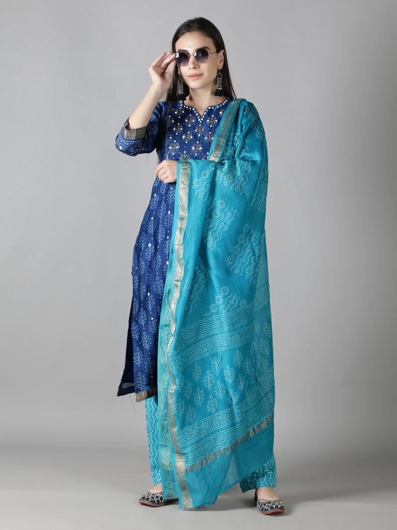 Sapphire Blue Kurta With Turquoise Blue Pants And Dupatta