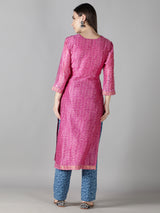 Carnation Pink Kurta With Sapphire Blue Pants And Dupatta