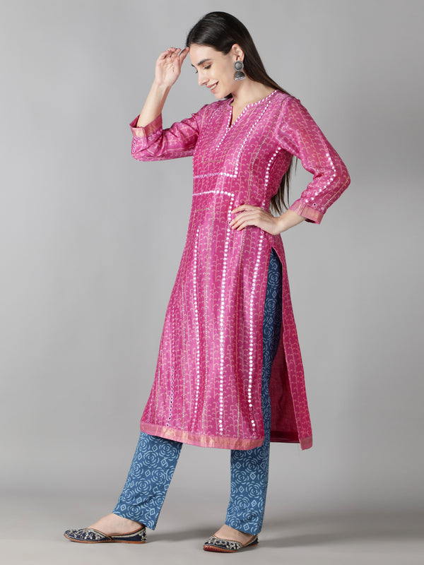 Carnation Pink Kurta With Sapphire Blue Pants And Dupatta