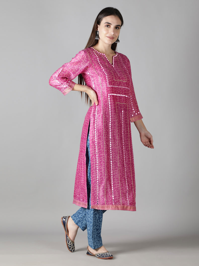 Carnation Pink Kurta With Sapphire Blue Pants And Dupatta