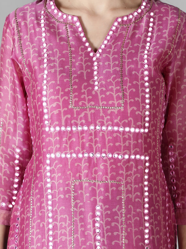 Carnation Pink Kurta With Sapphire Blue Pants And Dupatta