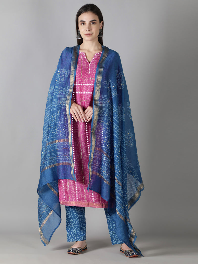 Carnation Pink Kurta With Sapphire Blue Pants And Dupatta