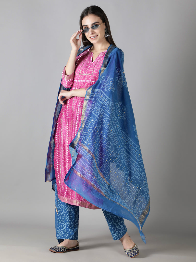 Carnation Pink Kurta With Sapphire Blue Pants And Dupatta