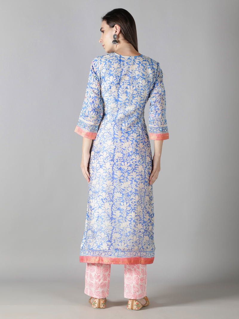 Serenity Blue Kurta With White And Pale Pink Pants And Dupatta