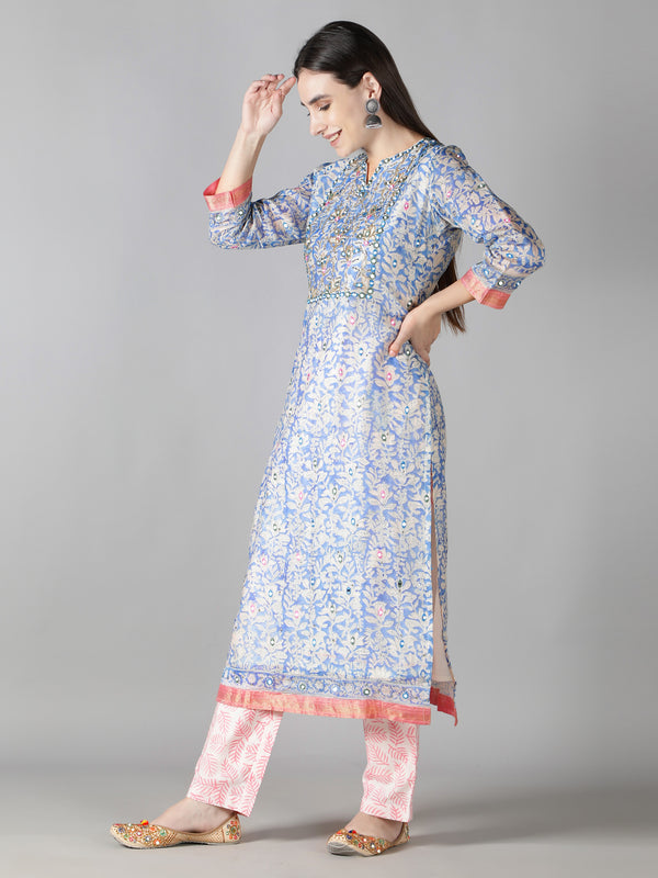 Serenity Blue Kurta With White And Pale Pink Pants And Dupatta