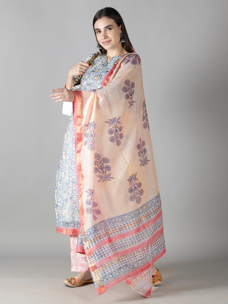 Serenity Blue Kurta With White And Pale Pink Pants And Dupatta