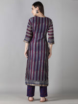 Multi Stripes In Magenta, Blue And White Kurta With Blue And Magenta Pants And Dupatta