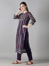 Multi Stripes In Magenta, Blue And White Kurta With Blue And Magenta Pants And Dupatta