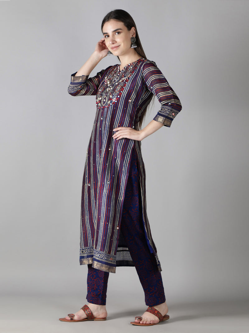 Multi Stripes In Magenta, Blue And White Kurta With Blue And Magenta Pants And Dupatta