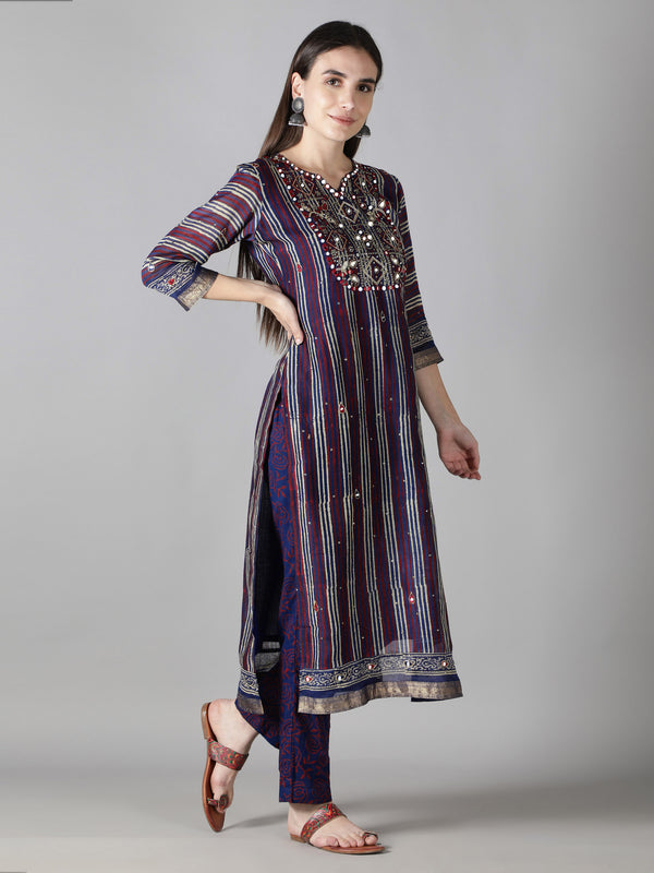 Multi Stripes In Magenta, Blue And White Kurta With Blue And Magenta Pants And Dupatta