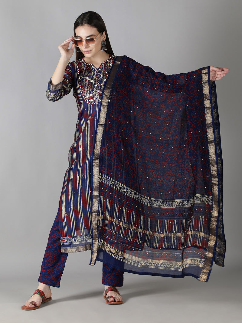 Multi Stripes In Magenta, Blue And White Kurta With Blue And Magenta Pants And Dupatta