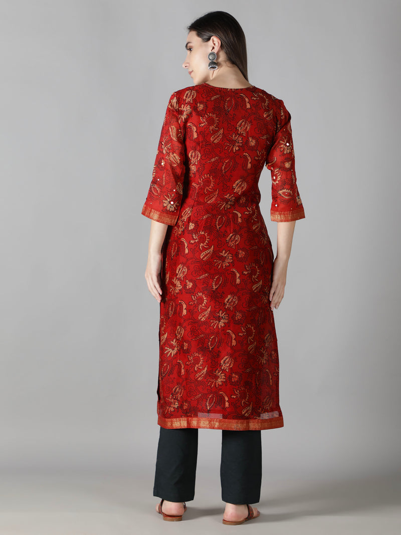 Earthy Red Kurta With Black Pants And Dupatta