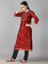 Earthy Red Kurta With Black Pants And Dupatta