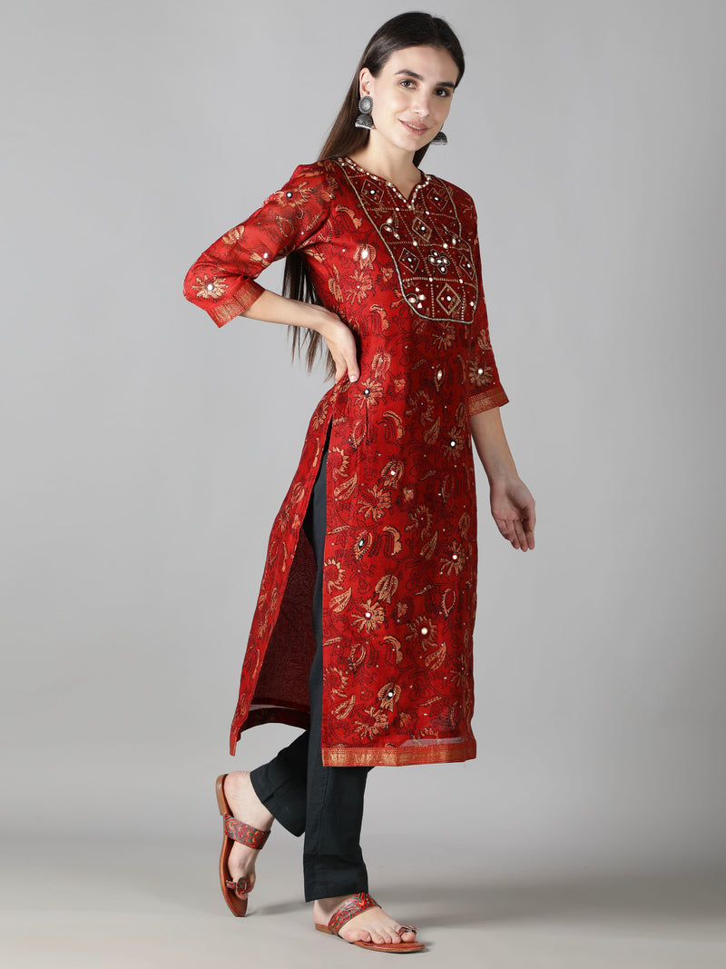 Earthy Red Kurta With Black Pants And Dupatta