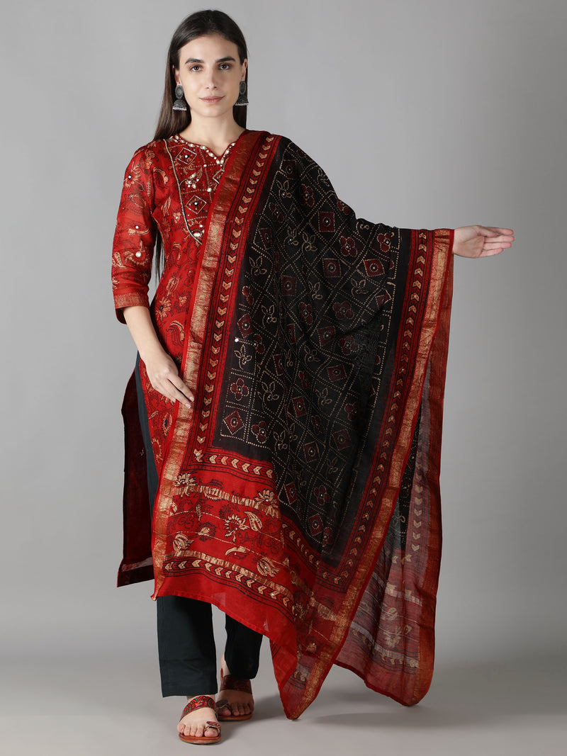 Earthy Red Kurta With Black Pants And Dupatta