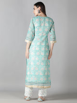 Aqua Blue Kurta With Pearl White Floral Pants And Dupatta