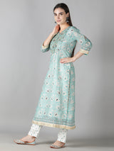 Aqua Blue Kurta With Pearl White Floral Pants And Dupatta