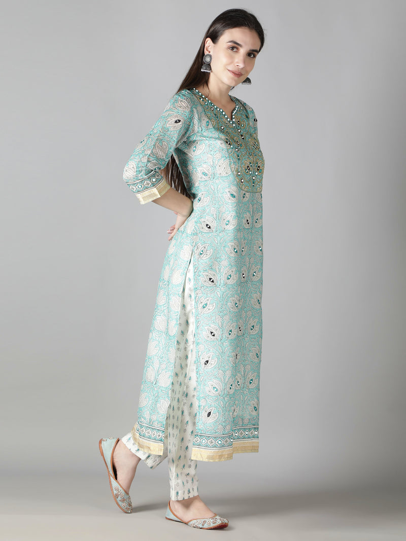 Aqua Blue Kurta With Pearl White Floral Pants And Dupatta