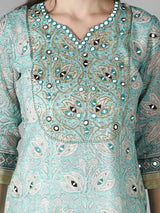 Aqua Blue Kurta With Pearl White Floral Pants And Dupatta