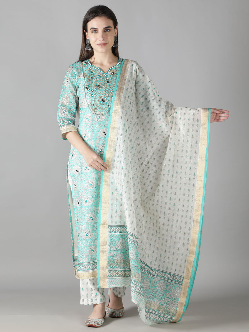 Aqua Blue Kurta With Pearl White Floral Pants And Dupatta